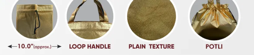 Close-ups of the gusset, handle and texture of Golden Metallic Big Potli Bag with Rassi & Golden Handle