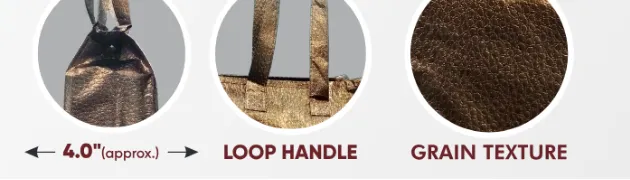 Close-ups of the gusset, handle and texture of Copper Brown Zipper Bag with Grain Texture & Brown Handle