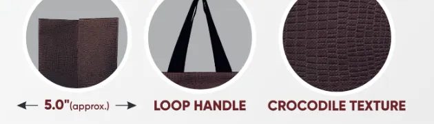 Close-ups of the gusset, handle and texture of Leather Paper Look Standing Brown Bag with Black Handle
