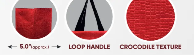 Close-ups of the gusset, handle and texture of Leather Paper Look Standing Red Bag with Black Handle