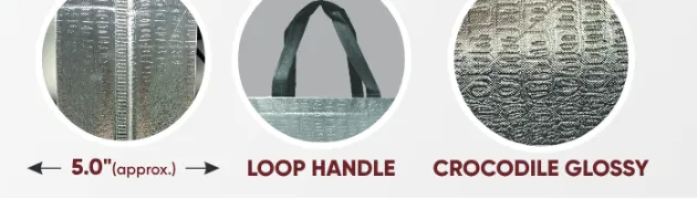 Close-ups of the gusset, handle and texture of Silver Medium Metallic Crocodile Glossy Bag with Black Handle