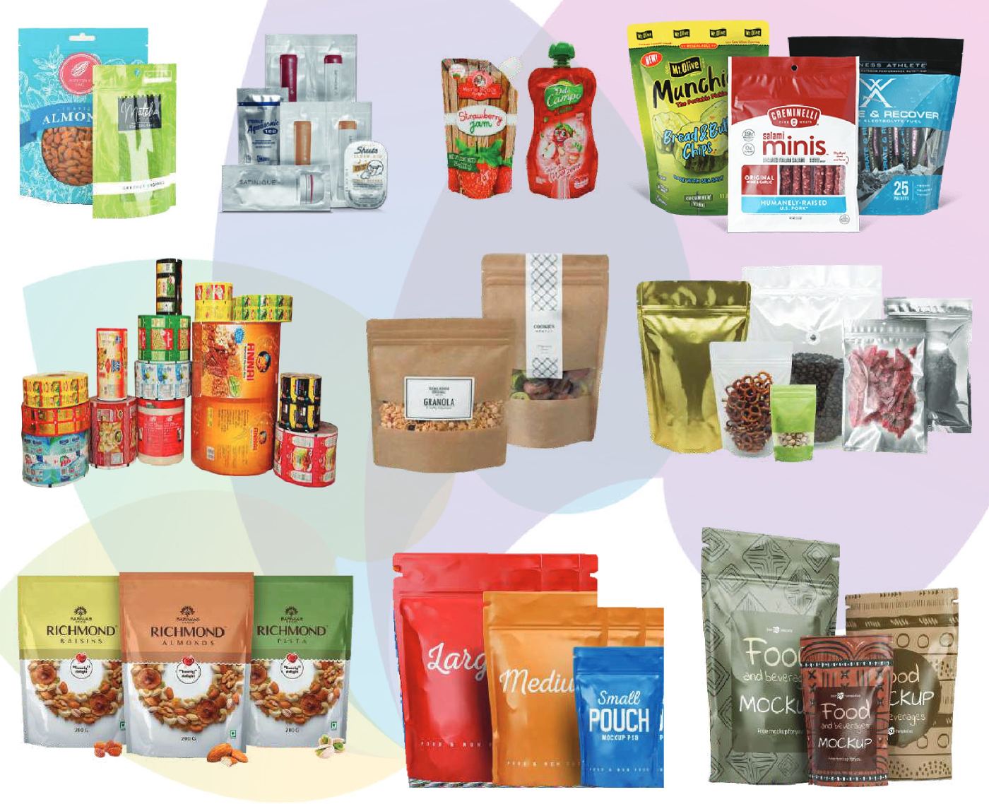 Printed flexible packaging pouches and laminate rolls